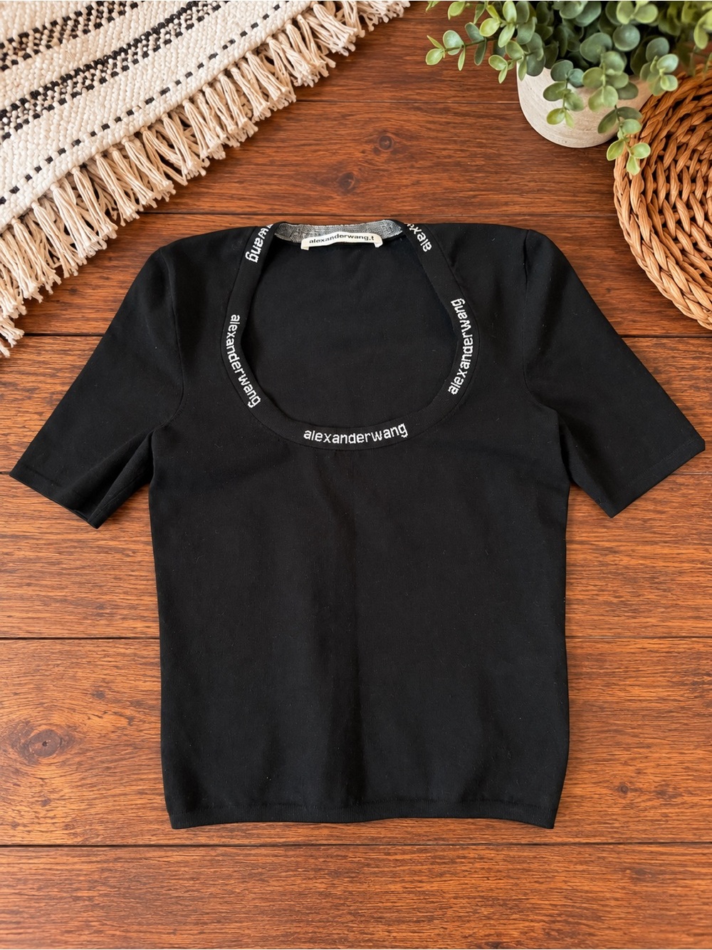 Alexander Wang Black Scoop Neck Logo Trim Short Sleeve Top Size S Luxury EUC
